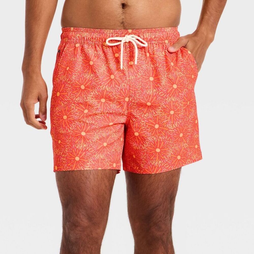Men's 5'' Swim Trunks with Boxer Brief Liner - Coral Orange Floral M